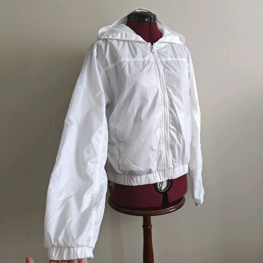 Forever 21 Womens Wind Breaker Jacket White‎ Hood Zip Up Lined Lightweight Large